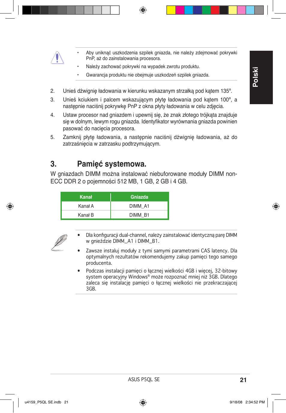 Pamięć systemowa, Polski | Asus P5QL SE User Manual | Page 21 / 38