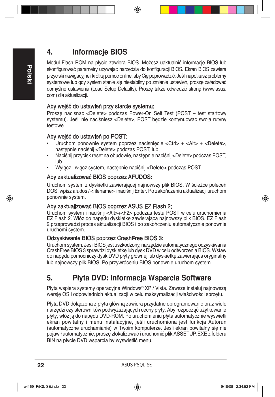 Informacje bios, Płyta dvd: informacja wsparcia software, Polski | Asus P5QL SE User Manual | Page 22 / 38