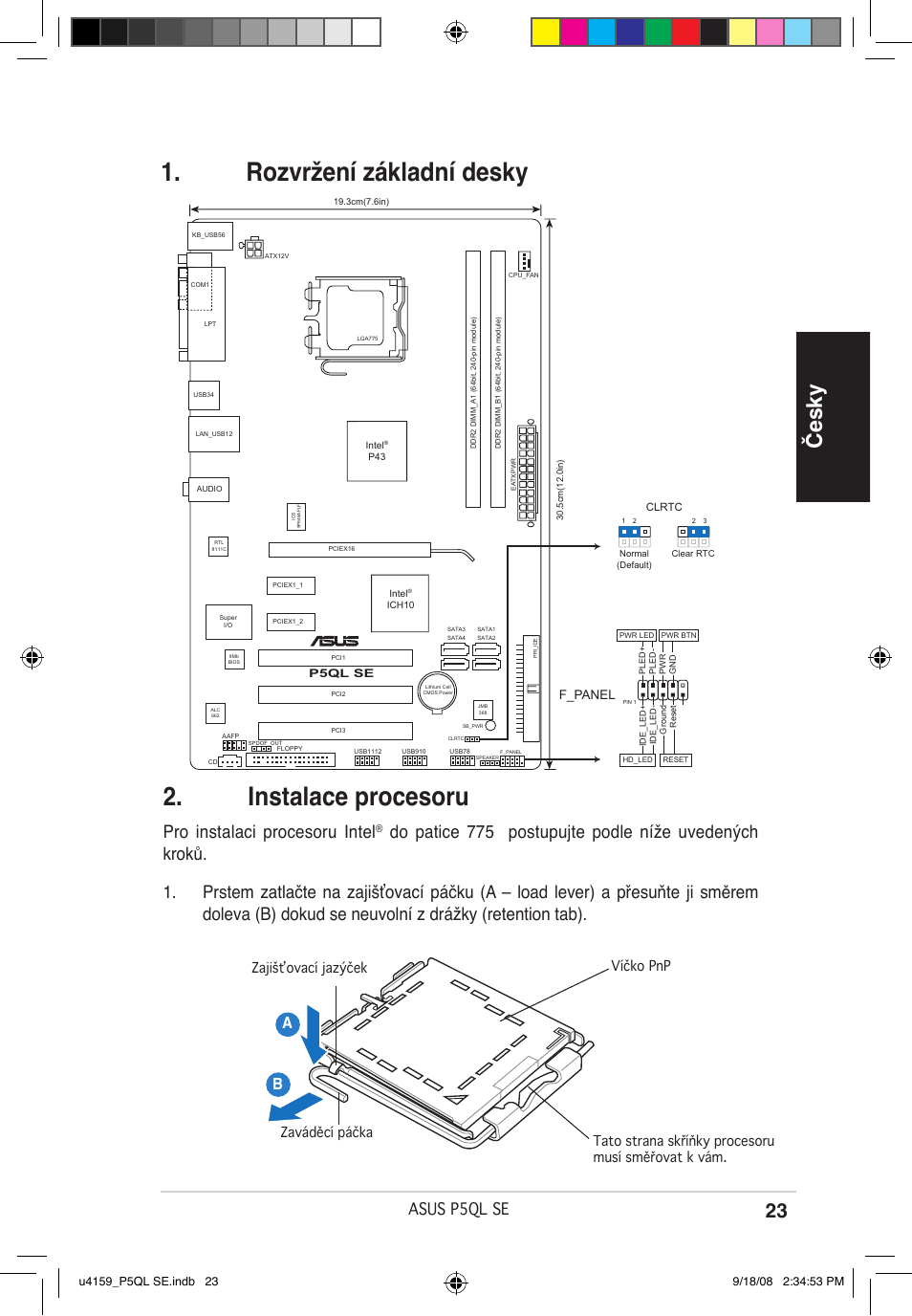 Rozvržení základní desky . instalace procesoru, Česky, Pro instalaci procesoru intel | Asus p5ql se, F_panel | Asus P5QL SE User Manual | Page 23 / 38