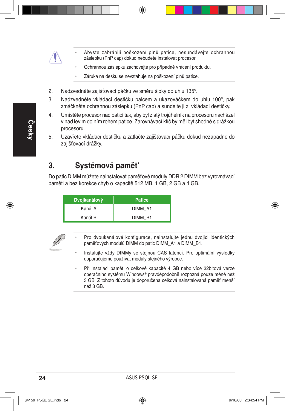 Systémová pamět, Česky | Asus P5QL SE User Manual | Page 24 / 38