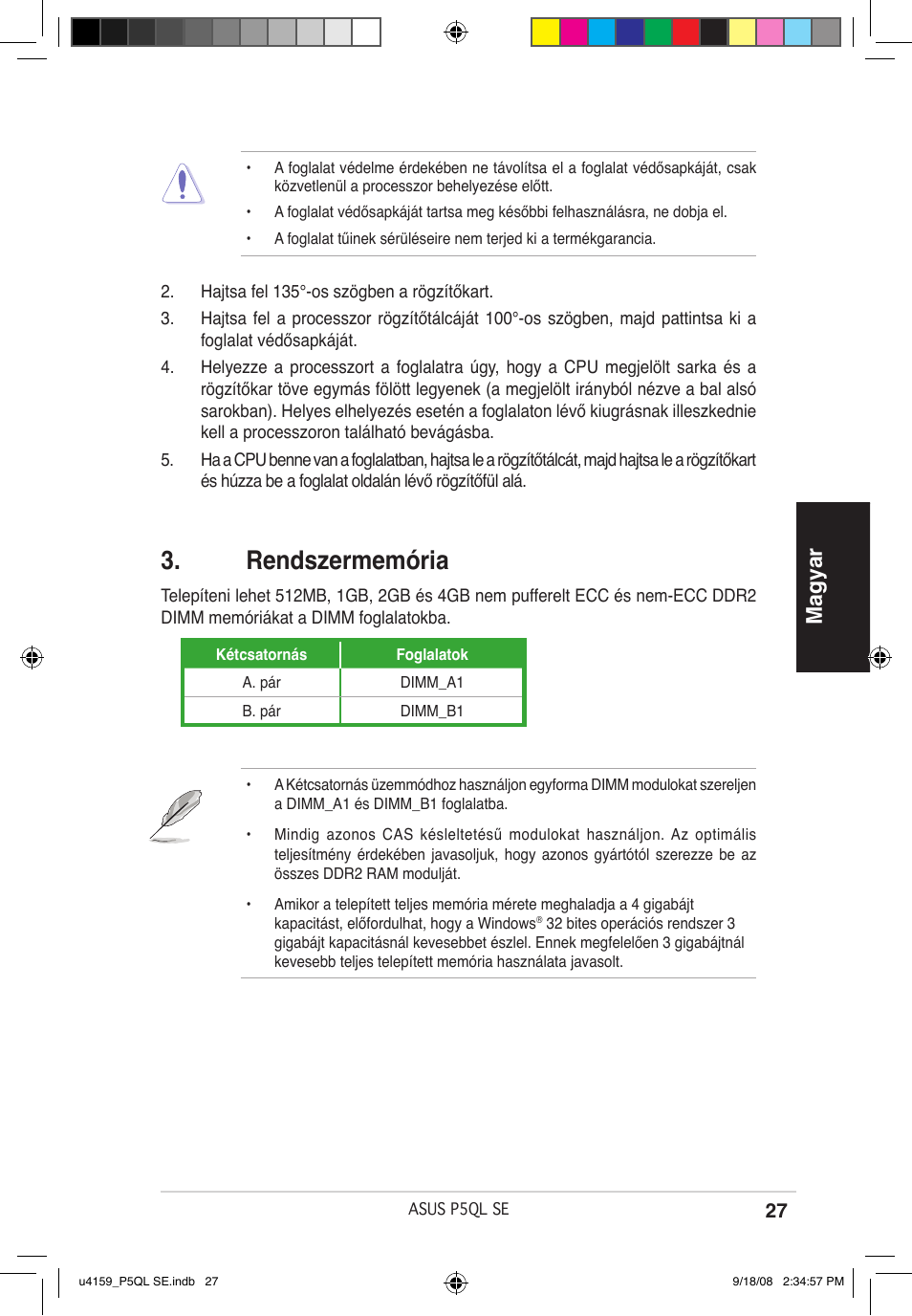 Rendszermemória, Magyar | Asus P5QL SE User Manual | Page 27 / 38