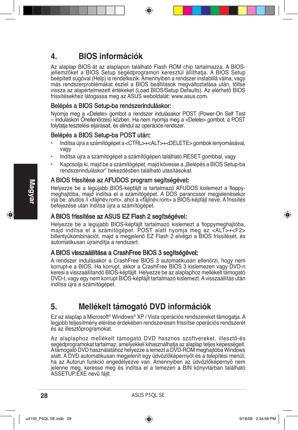 Bios információk, Mellékelt támogató dvd információk, Magyar | Asus P5QL SE User Manual | Page 28 / 38