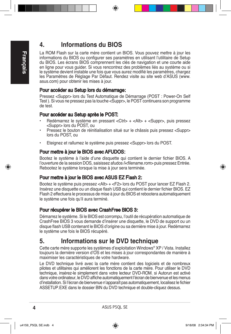 Informations du bios, Informations sur le dvd technique, Français | Asus P5QL SE User Manual | Page 4 / 38