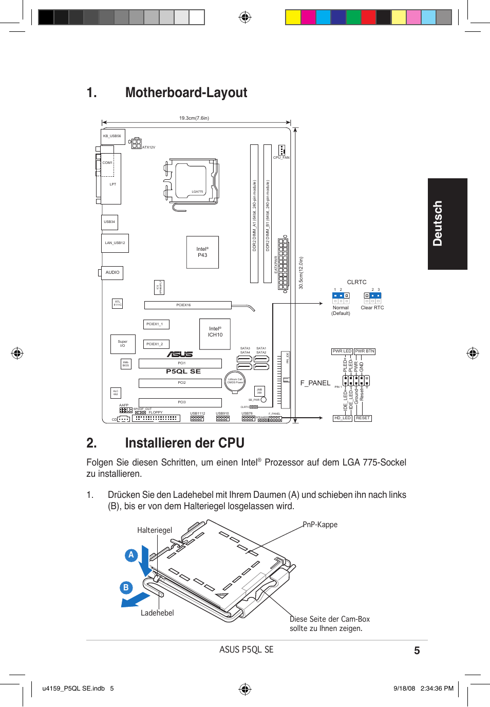 Motherboard-layout . installieren der cpu, Deutsch, Folgen sie diesen schritten, um einen intel | Asus p5ql se, F_panel | Asus P5QL SE User Manual | Page 5 / 38