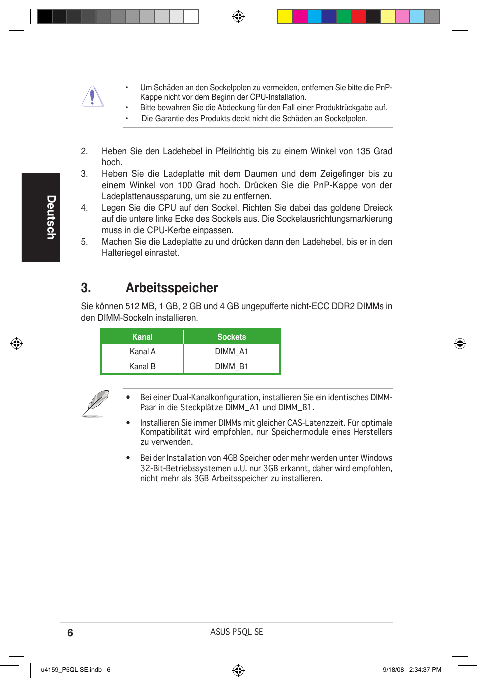 Arbeitsspeicher, Deutsch | Asus P5QL SE User Manual | Page 6 / 38