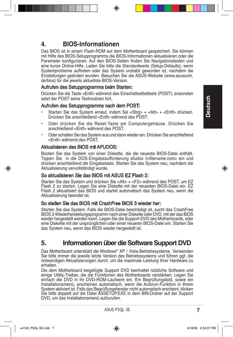 Bios-informationen, Informationen über die software support dvd, Deutsch | Asus P5QL SE User Manual | Page 7 / 38