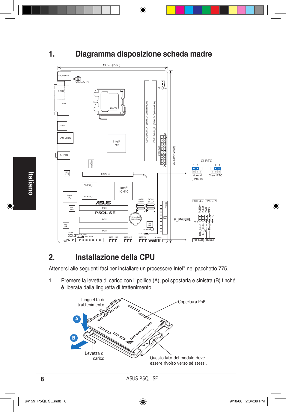 Italiano, Asus p5ql se, F_panel | Asus P5QL SE User Manual | Page 8 / 38