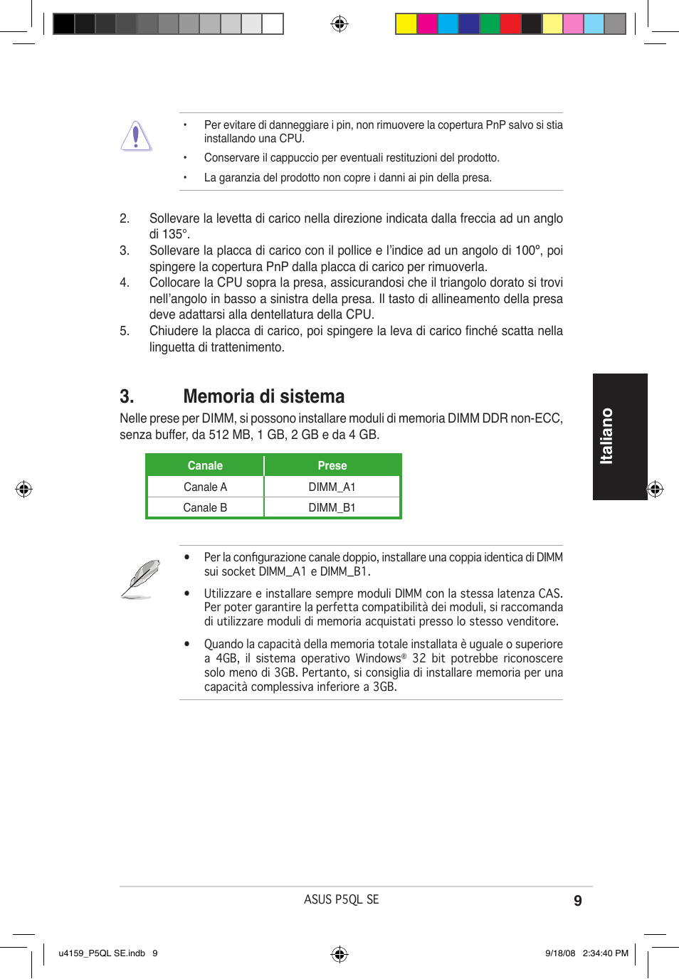 Italiano | Asus P5QL SE User Manual | Page 9 / 38