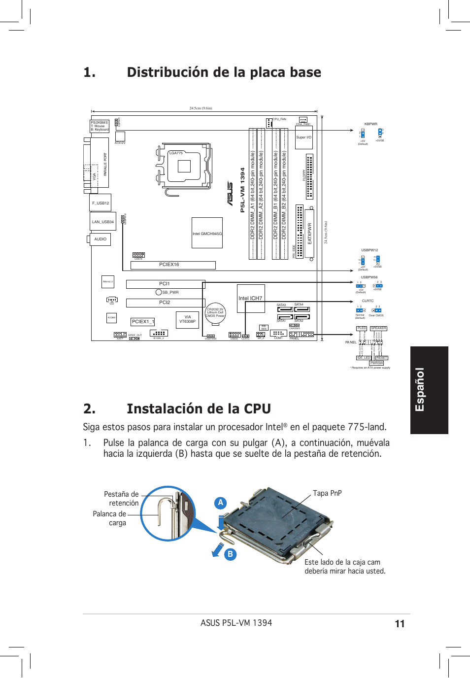 Español, Siga estos pasos para instalar un procesador intel, Ab b | Asus P5L-VM 1394 User Manual | Page 11 / 38