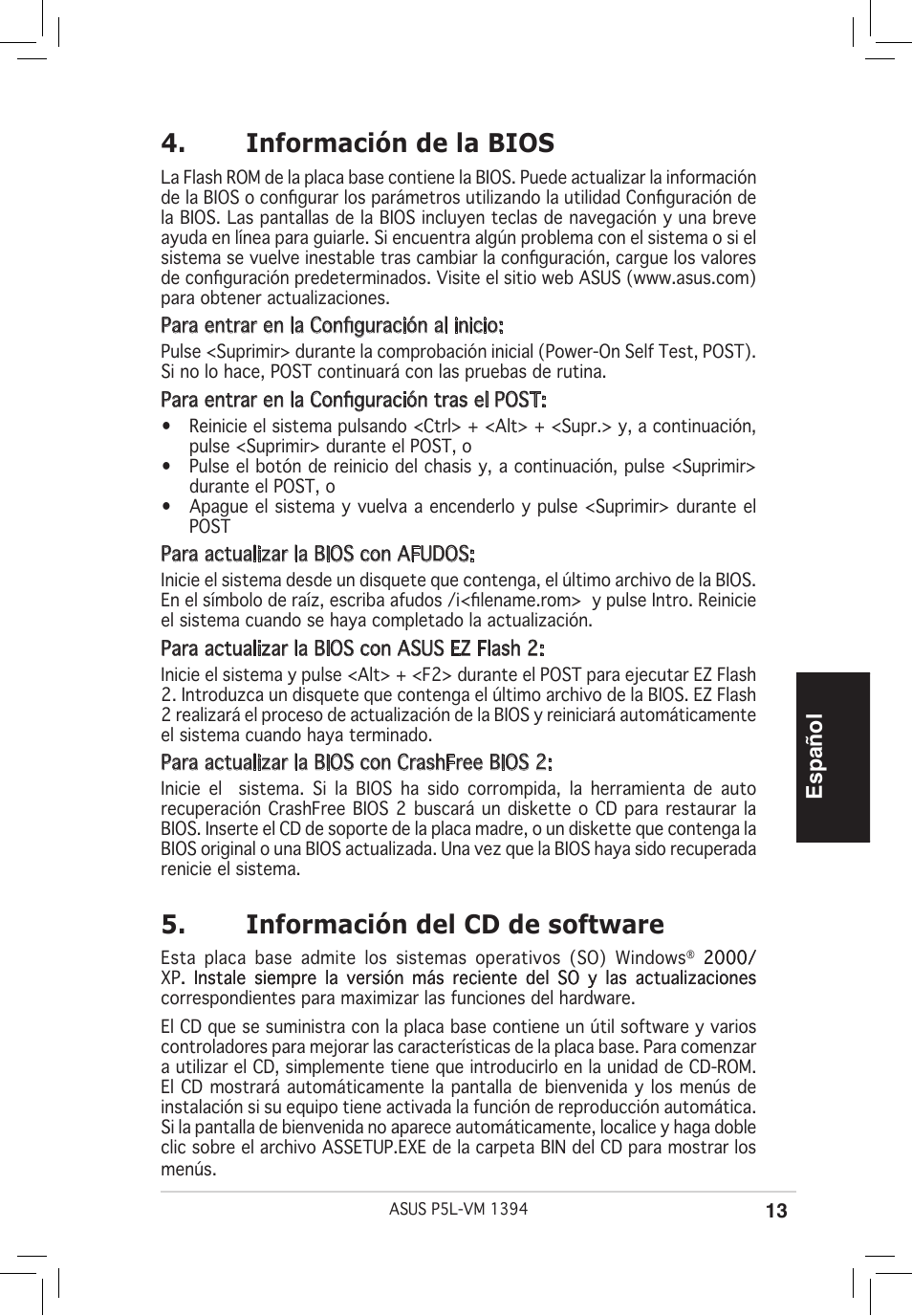 Información de la bios, Información del cd de software, Español | Asus P5L-VM 1394 User Manual | Page 13 / 38