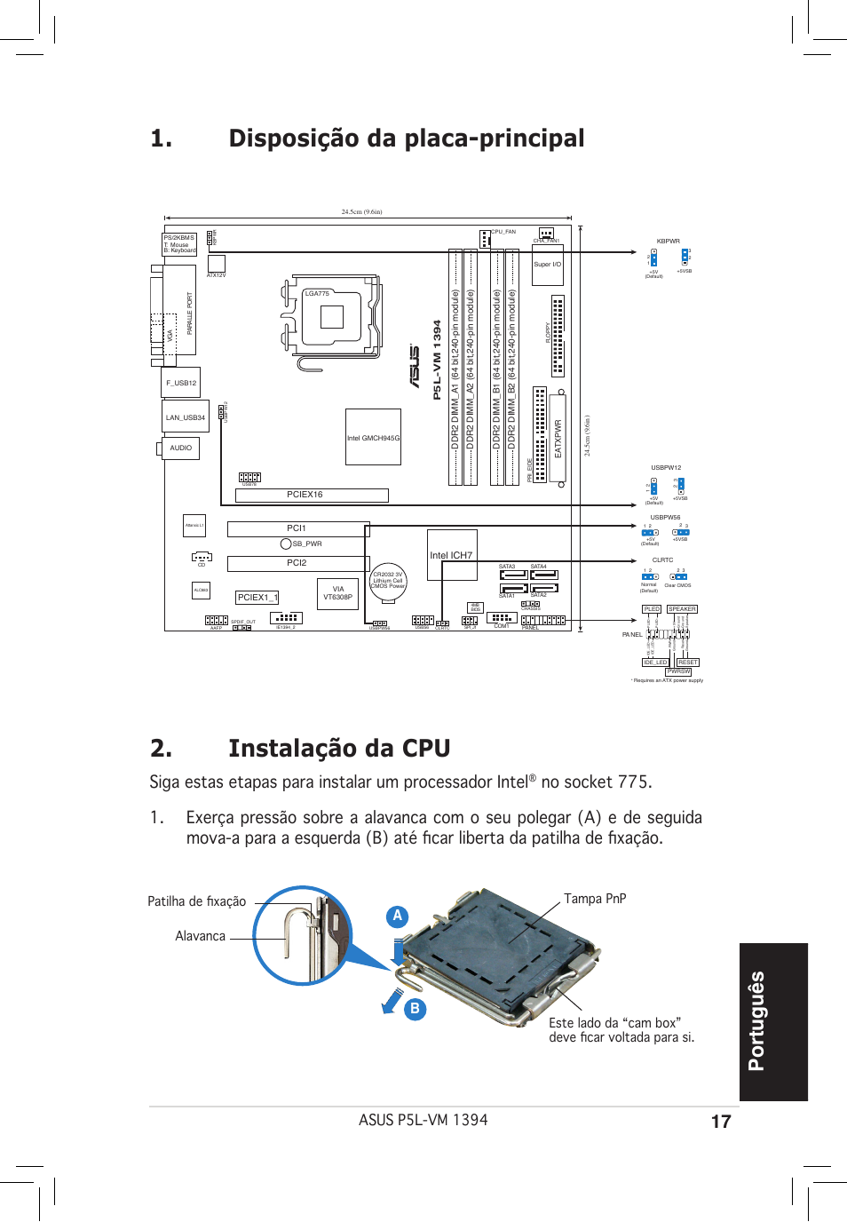 Disposição da placa-principal 2. instalação da cpu, Português, Ab b | Asus P5L-VM 1394 User Manual | Page 17 / 38