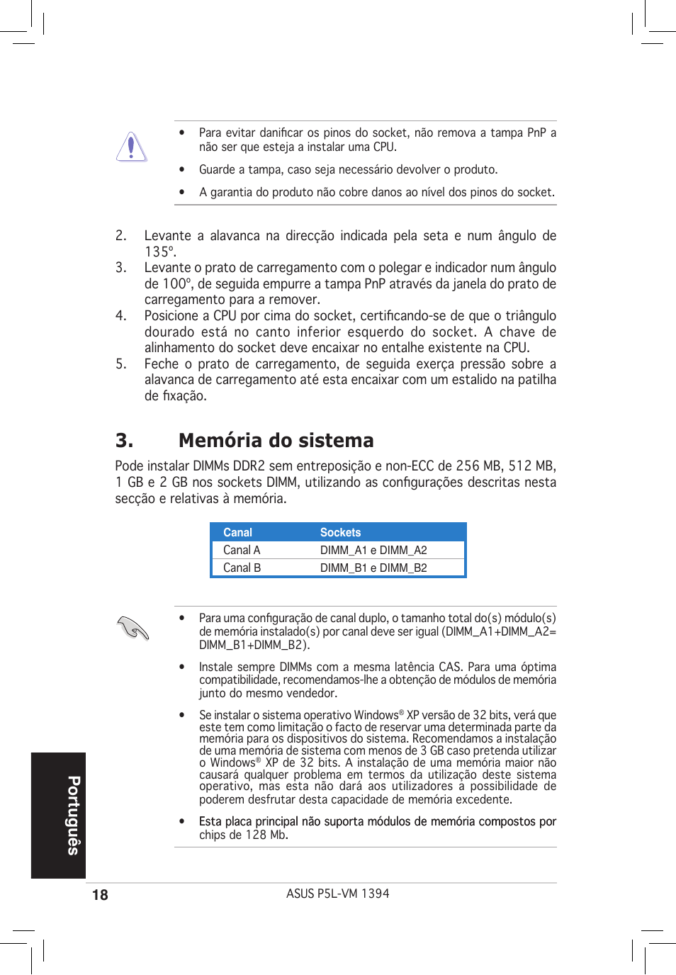 Memória do sistema, Português | Asus P5L-VM 1394 User Manual | Page 18 / 38
