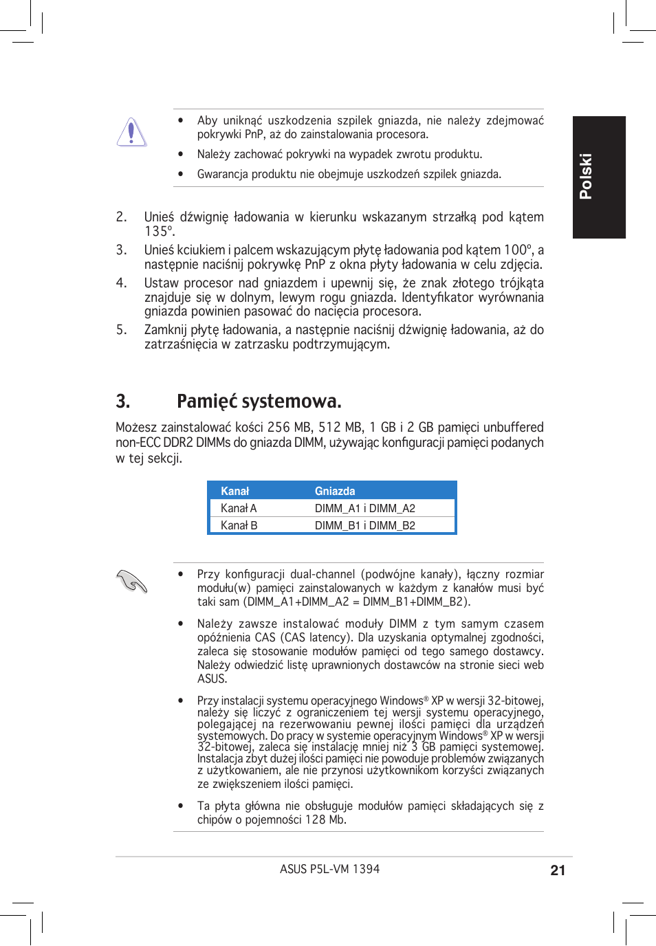 Pamięć systemowa, Polski | Asus P5L-VM 1394 User Manual | Page 21 / 38