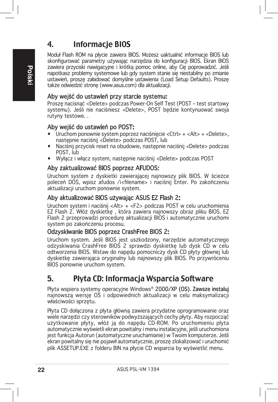 Informacje bios, Płyta cd: informacja wsparcia software, Polski | Asus P5L-VM 1394 User Manual | Page 22 / 38