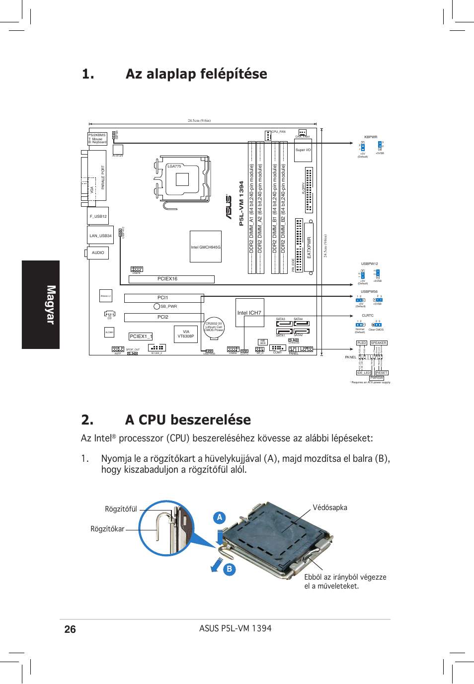 Az alaplap felépítése 2. a cpu beszerelése, Magyar, Az intel | Ab b | Asus P5L-VM 1394 User Manual | Page 26 / 38