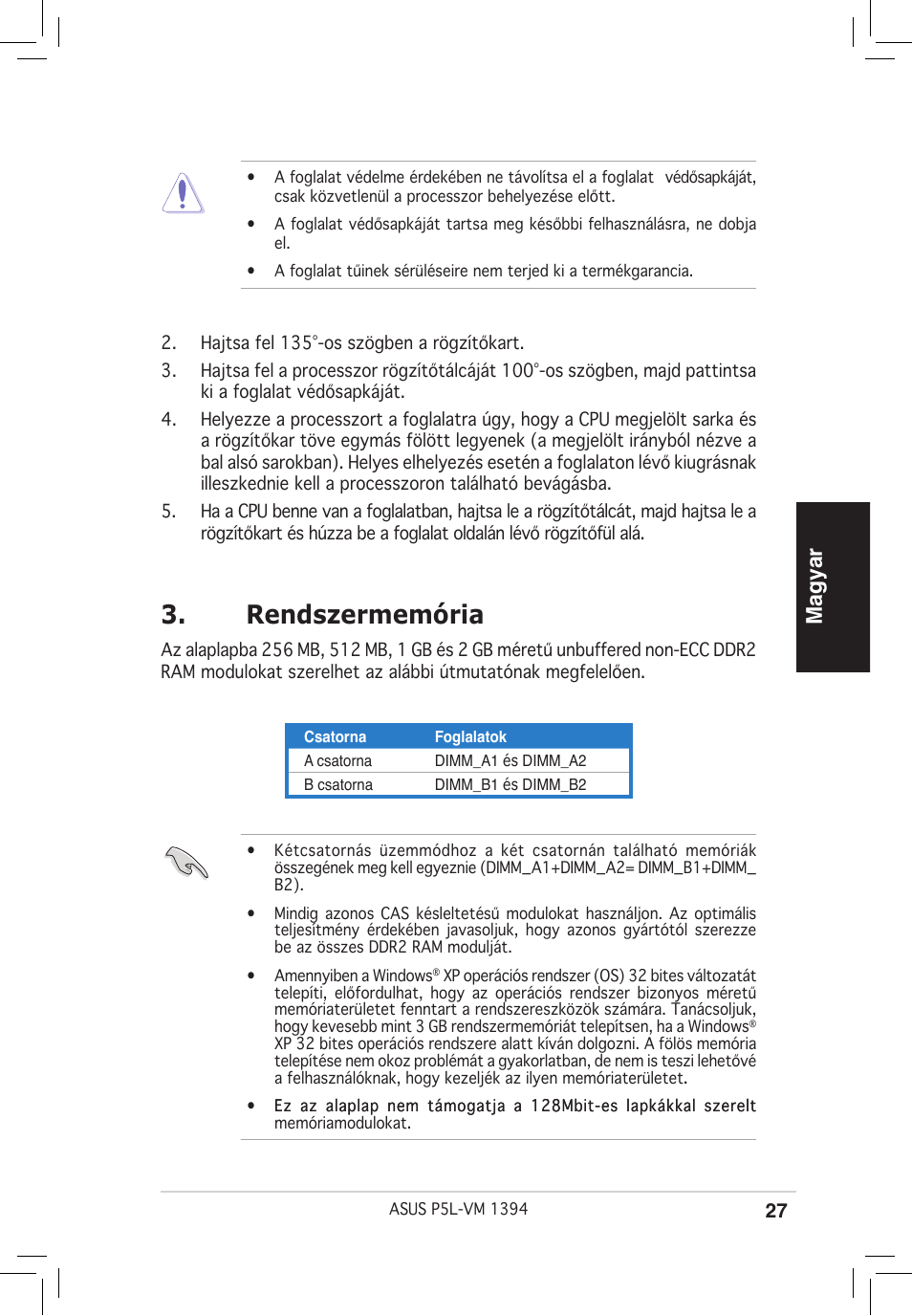 Rendszermemória, Magyar | Asus P5L-VM 1394 User Manual | Page 27 / 38