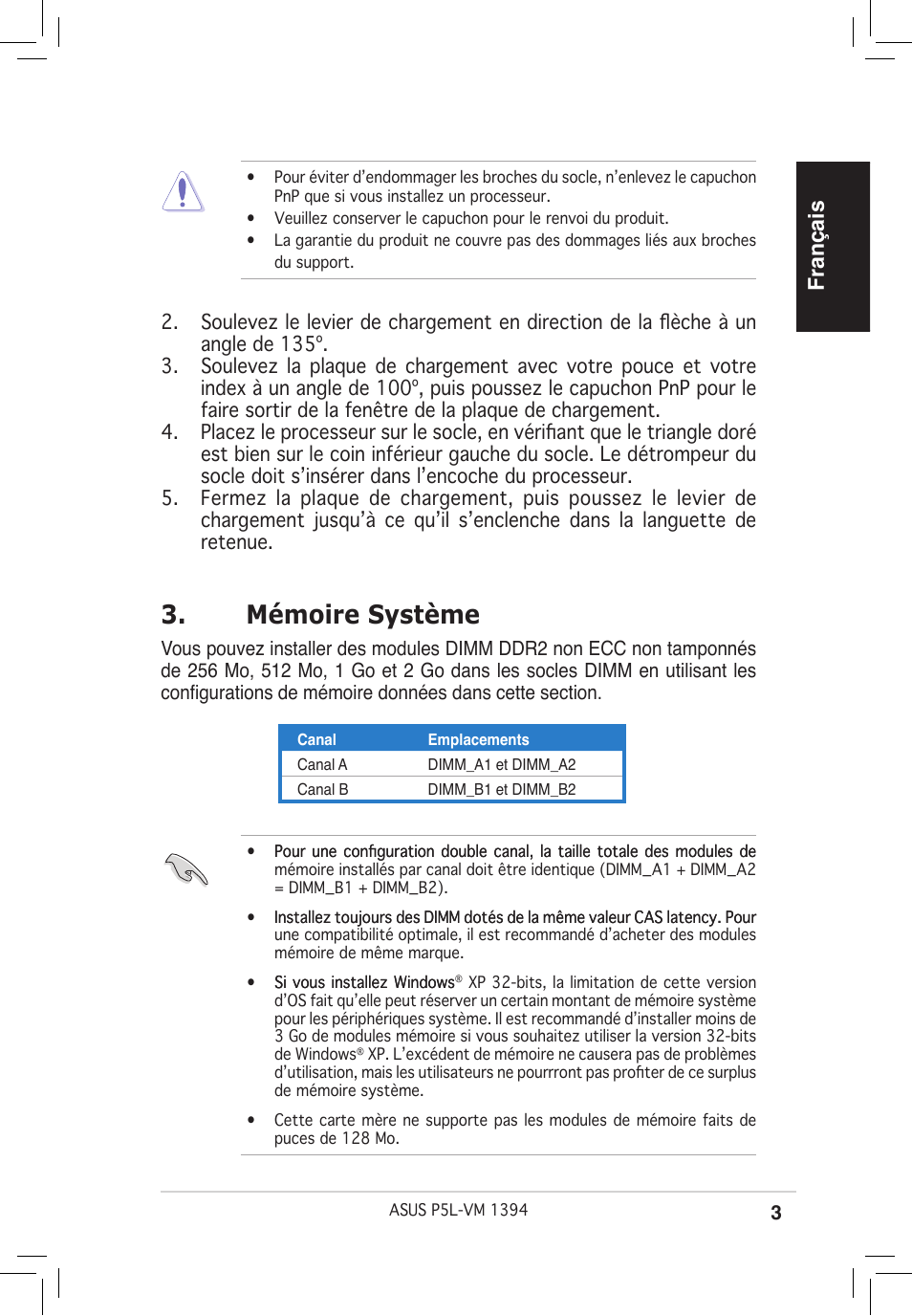 Mémoire système, Français | Asus P5L-VM 1394 User Manual | Page 3 / 38