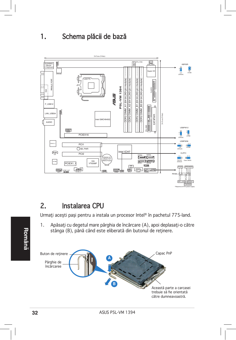 Schema plăcii de bază 2. instalarea cpu, Română, Ab b | Asus P5L-VM 1394 User Manual | Page 32 / 38