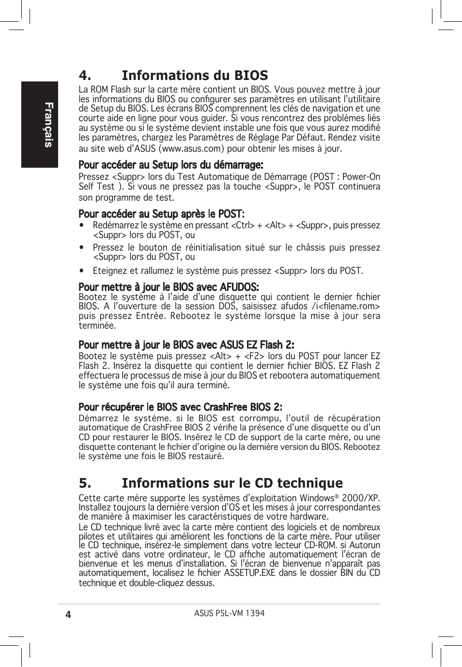 Informations du bios, Informations sur le cd technique, Français | Asus P5L-VM 1394 User Manual | Page 4 / 38