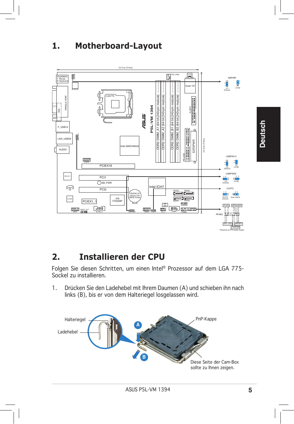 Motherboard-layout 2. installieren der cpu, Deutsch, Folgen sie diesen schritten, um einen intel | Ab b | Asus P5L-VM 1394 User Manual | Page 5 / 38