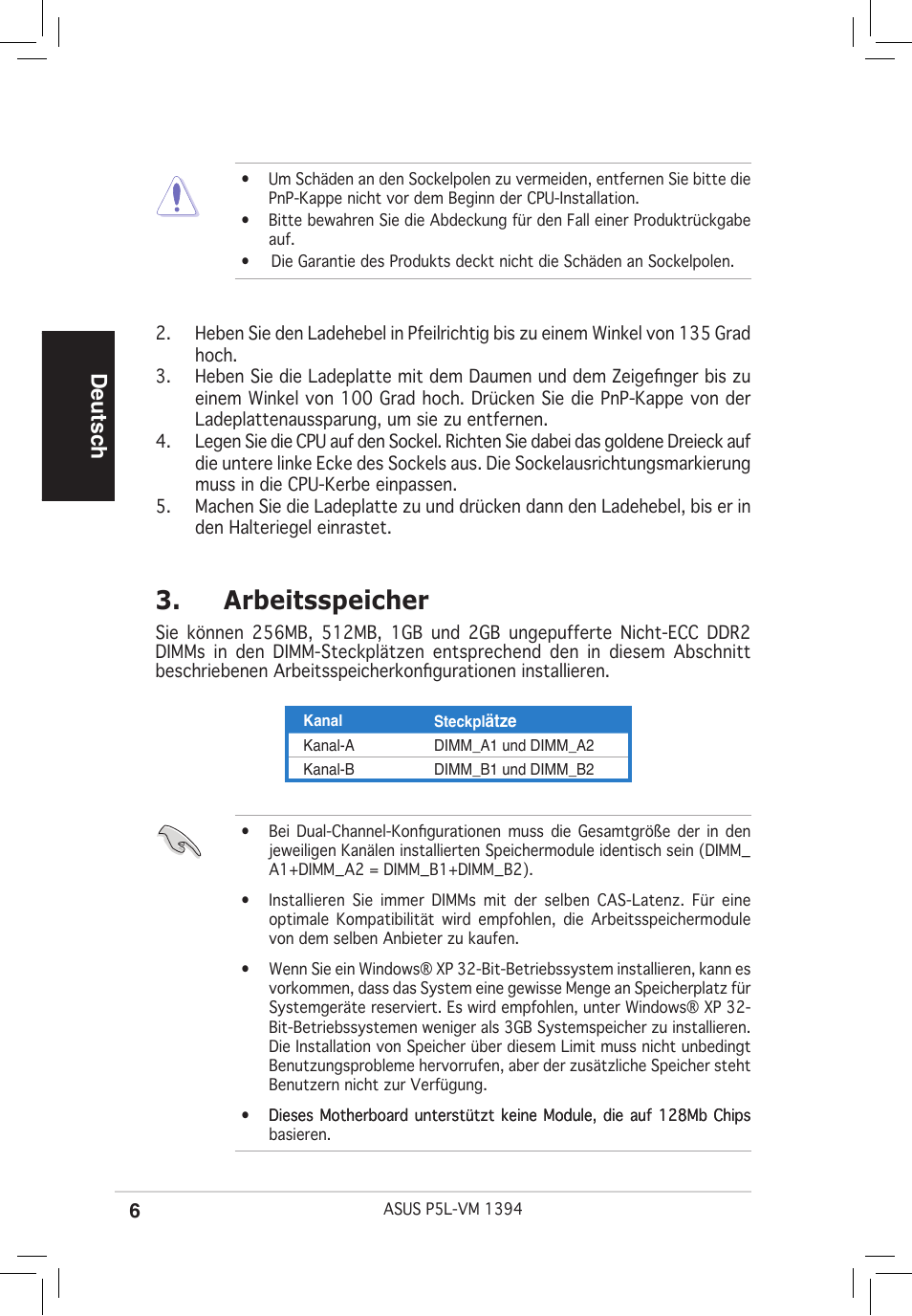 Arbeitsspeicher, Deutsch | Asus P5L-VM 1394 User Manual | Page 6 / 38