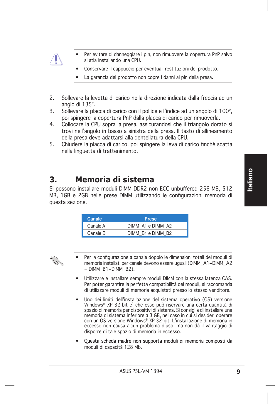 Italiano | Asus P5L-VM 1394 User Manual | Page 9 / 38