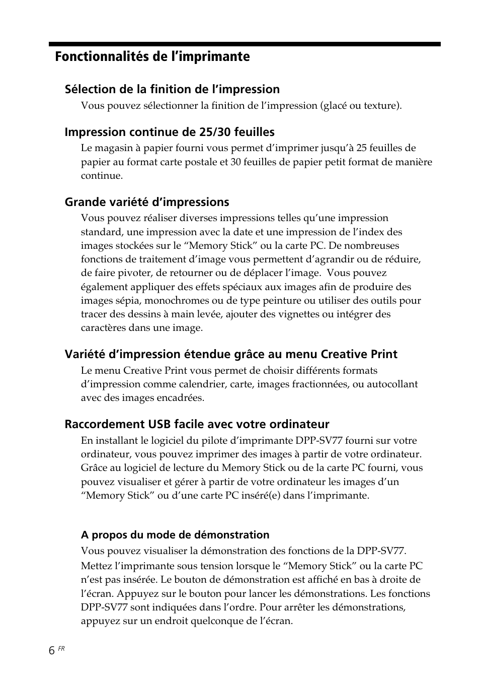 Fonctionnalités de l’imprimante | Sony DPP--SV77 User Manual | Page 100 / 283