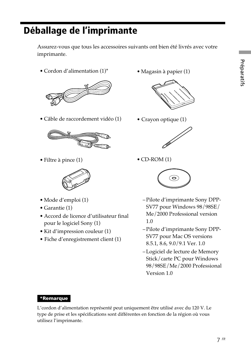 Déballage de l’imprimante | Sony DPP--SV77 User Manual | Page 101 / 283