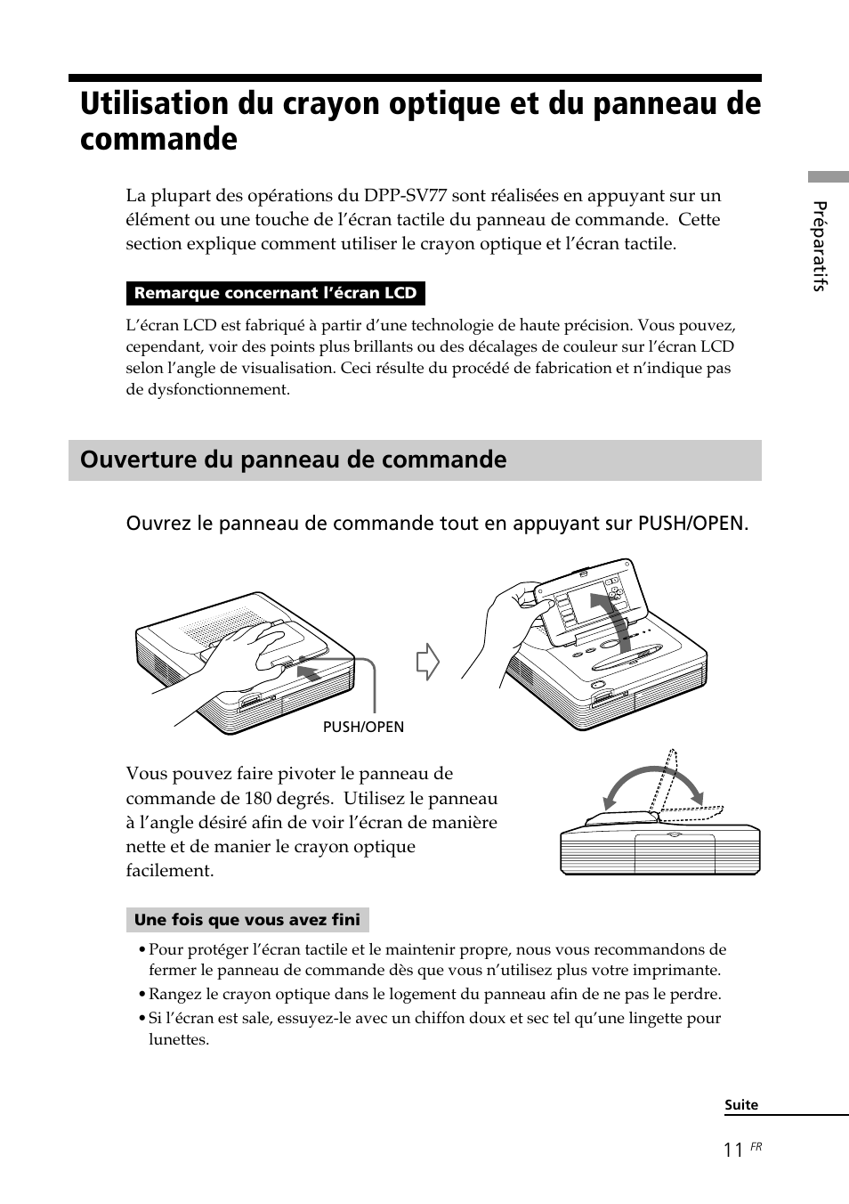 Ouverture du panneau de commande, Utilisation du crayon optique et du panneau, De commande | Sony DPP--SV77 User Manual | Page 105 / 283