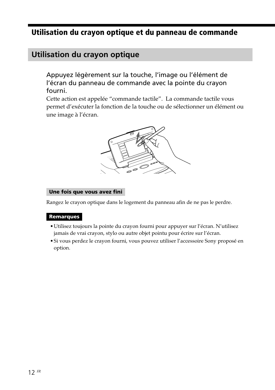 Utilisation du crayon optique | Sony DPP--SV77 User Manual | Page 106 / 283