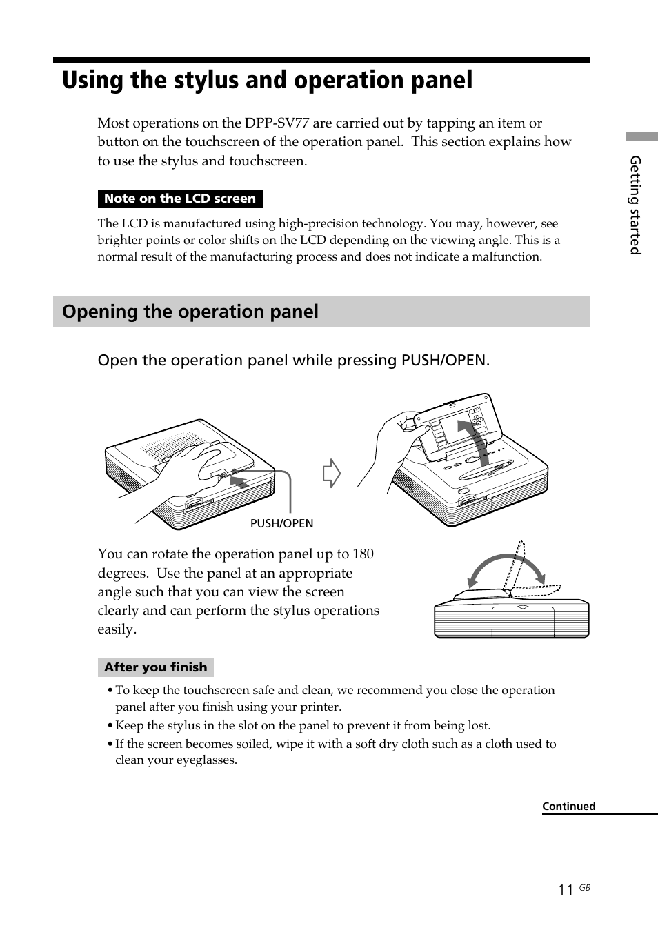 Using the stylus and operation panel, Opening the operation panel, Opening | Sony DPP--SV77 User Manual | Page 11 / 283