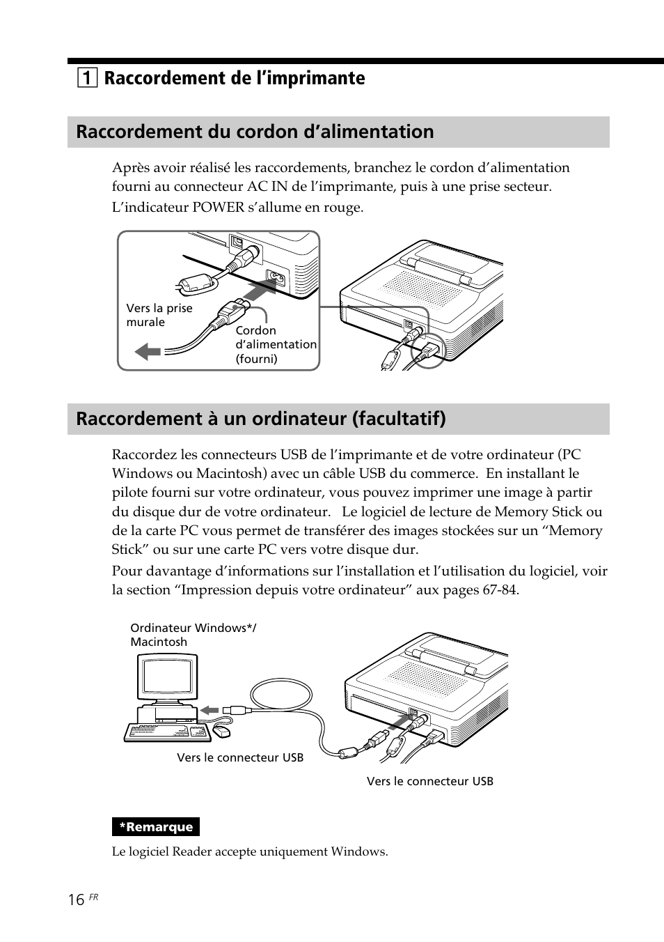 Raccordement du cordon d’alimentation, Raccordement à un ordinateur (facultatif) | Sony DPP--SV77 User Manual | Page 110 / 283