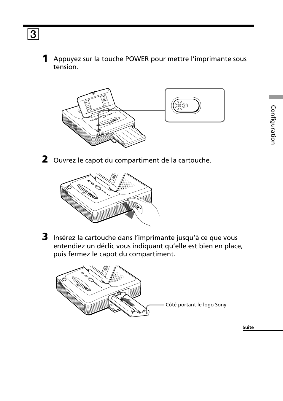 3 chargement de la cartouche d’impression, Chargement de la cartouche, D’impression | 3chargement de la cartouche d’impression | Sony DPP--SV77 User Manual | Page 113 / 283