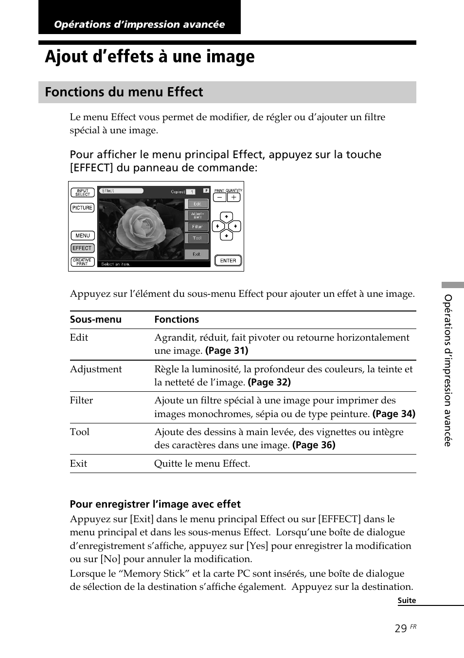 Opérations d’impression avancée, Ajout d’effets à une image, Fonctions du menu effect | Opérations d’impression, Avancée | Sony DPP--SV77 User Manual | Page 123 / 283