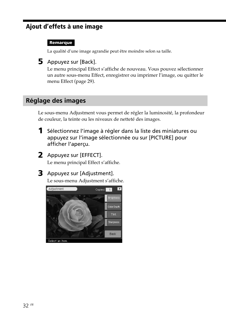 Réglage des images | Sony DPP--SV77 User Manual | Page 126 / 283