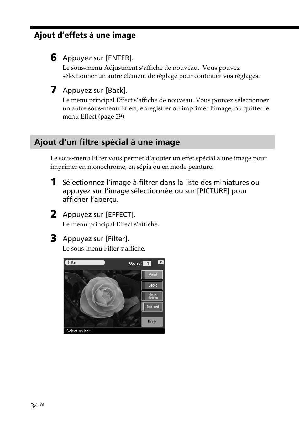 Ajout d’un filtre spécial à une image | Sony DPP--SV77 User Manual | Page 128 / 283