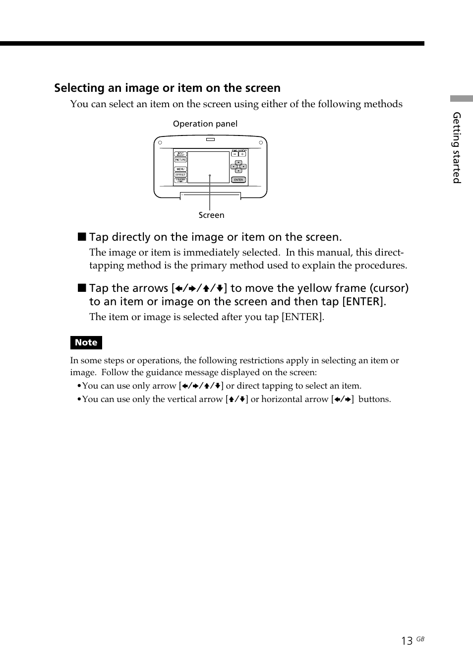 An item on the screen, Selecting an image or item on the screen | Sony DPP--SV77 User Manual | Page 13 / 283