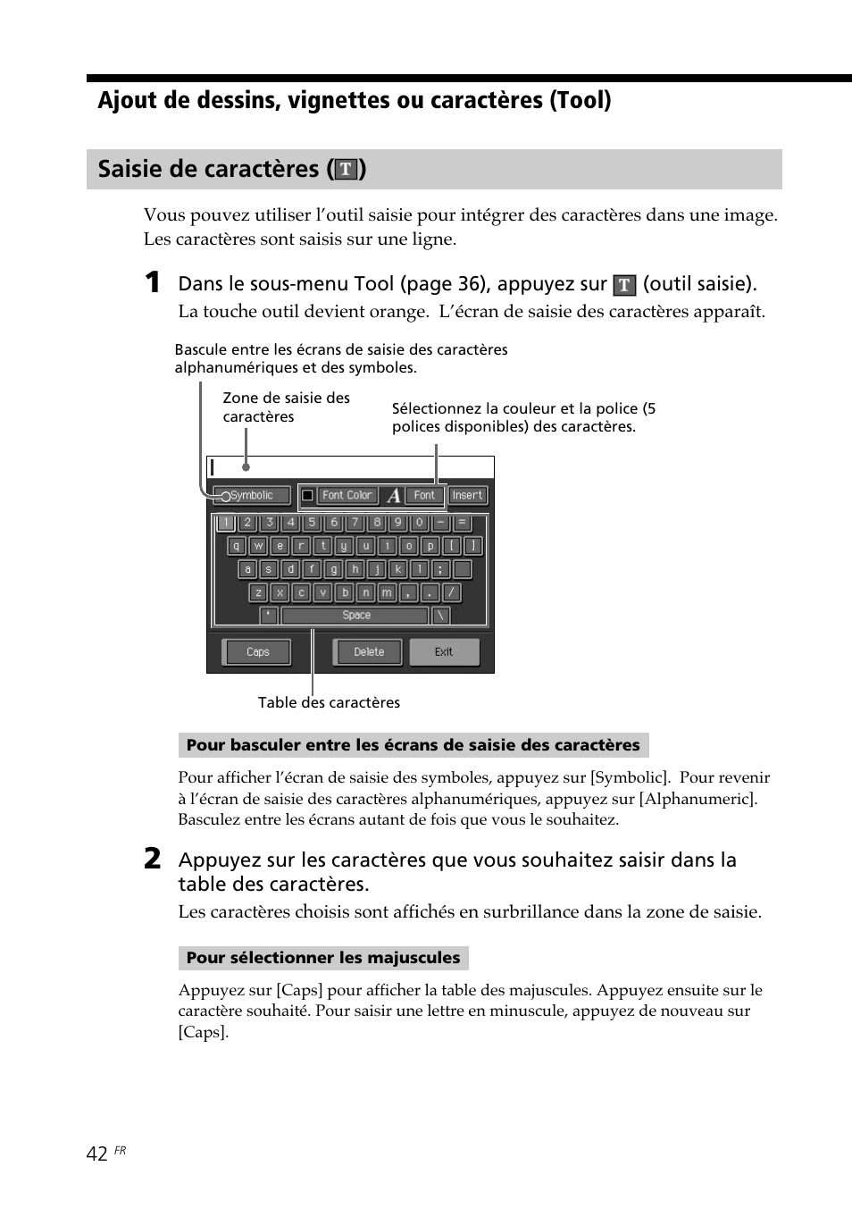Saisie de caractères | Sony DPP--SV77 User Manual | Page 136 / 283
