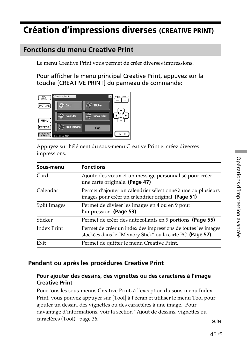 Création d’impressions diverses (creative print), Fonctions du menu creative print, Création d’impressions diverses (creative | Print), Création d’impressions diverses, Creative print) fonctions du menu creative print | Sony DPP--SV77 User Manual | Page 139 / 283