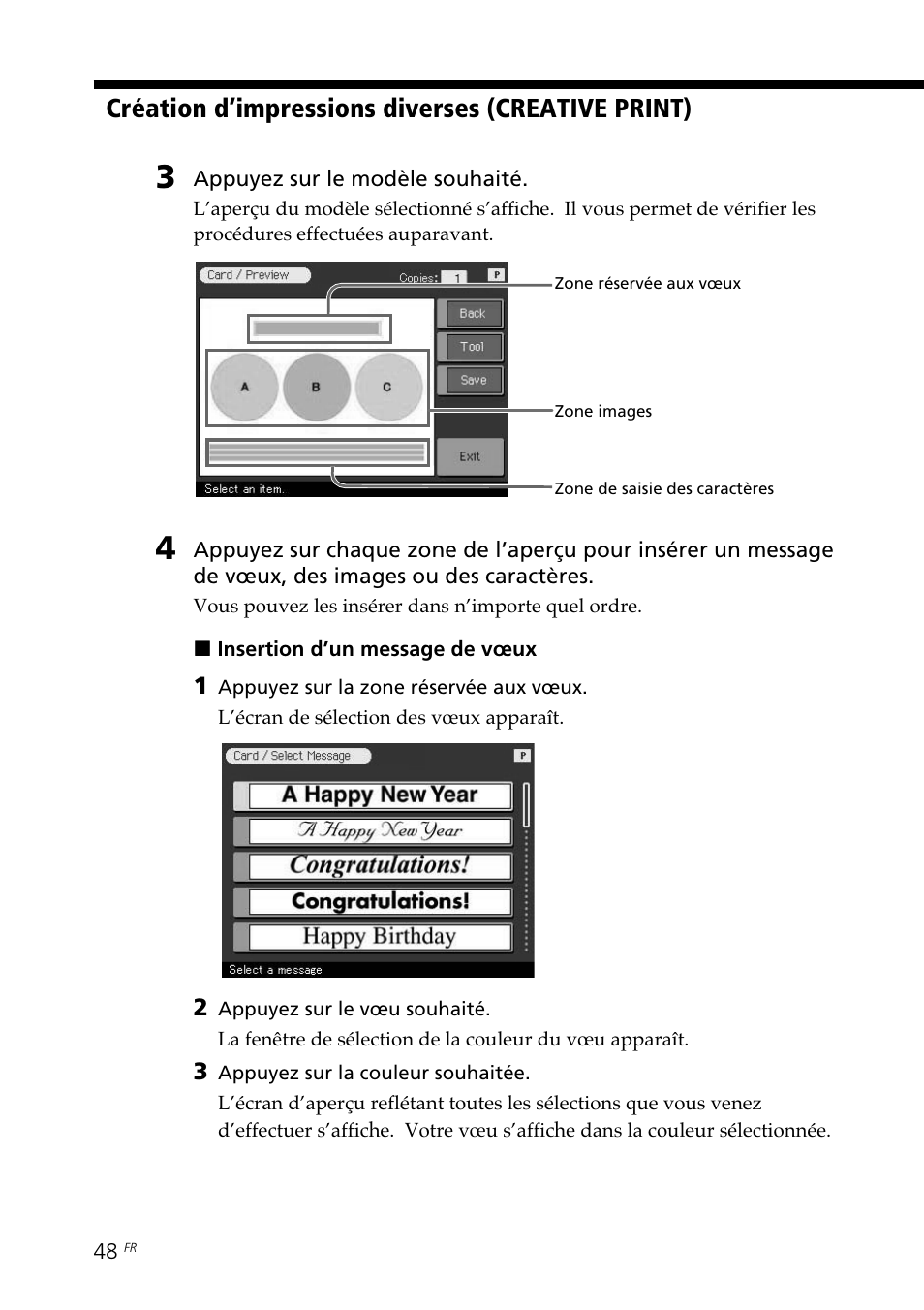 Création d’impressions diverses (creative print) | Sony DPP--SV77 User Manual | Page 142 / 283