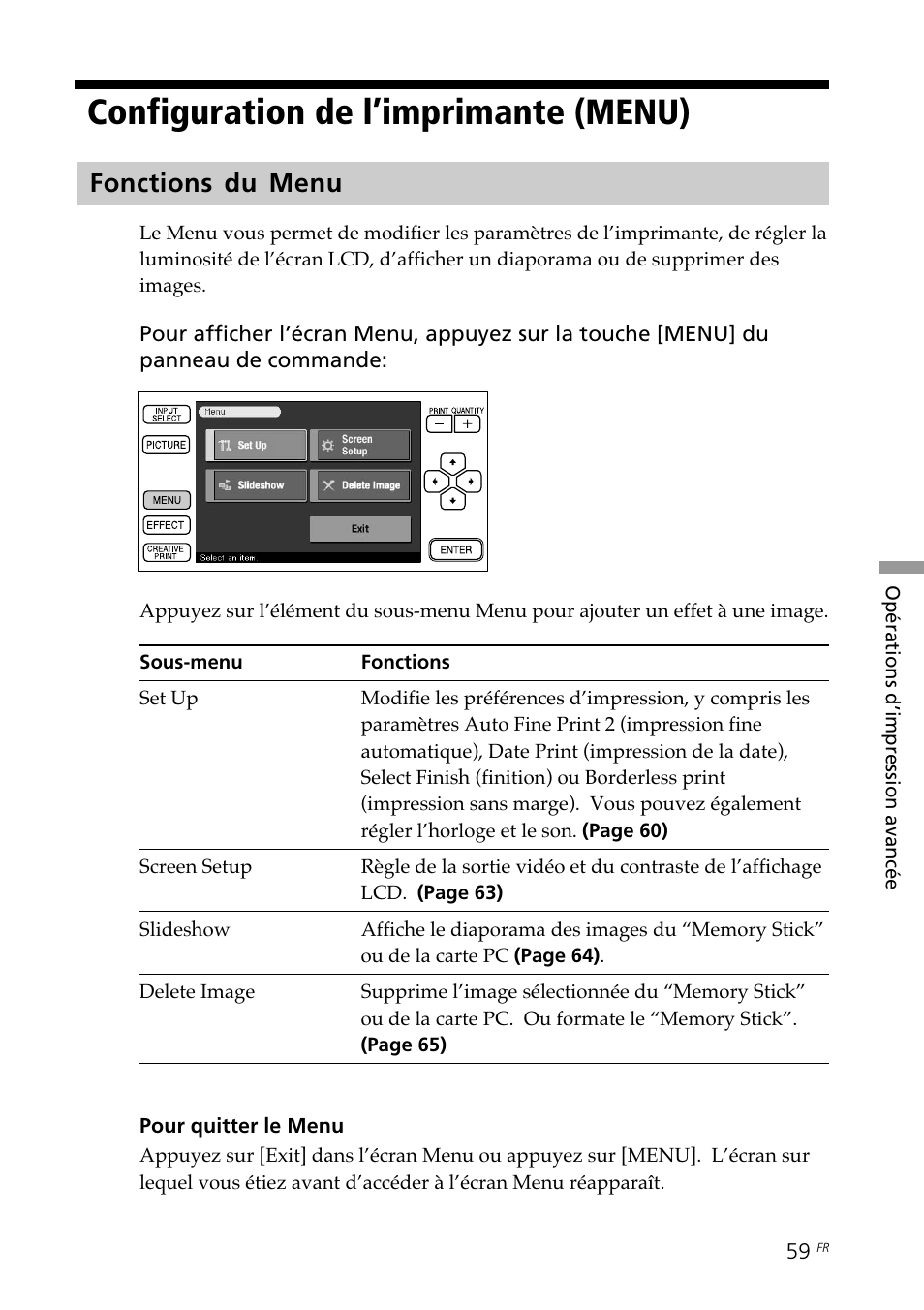 Configuration de l’imprimante (menu), Fonctions du menu | Sony DPP--SV77 User Manual | Page 153 / 283