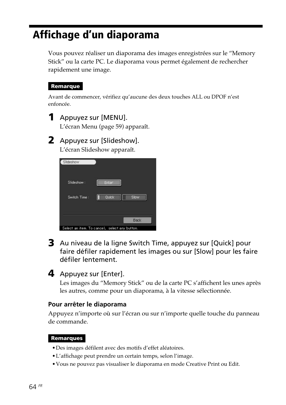 Affichage d’un diaporama | Sony DPP--SV77 User Manual | Page 158 / 283