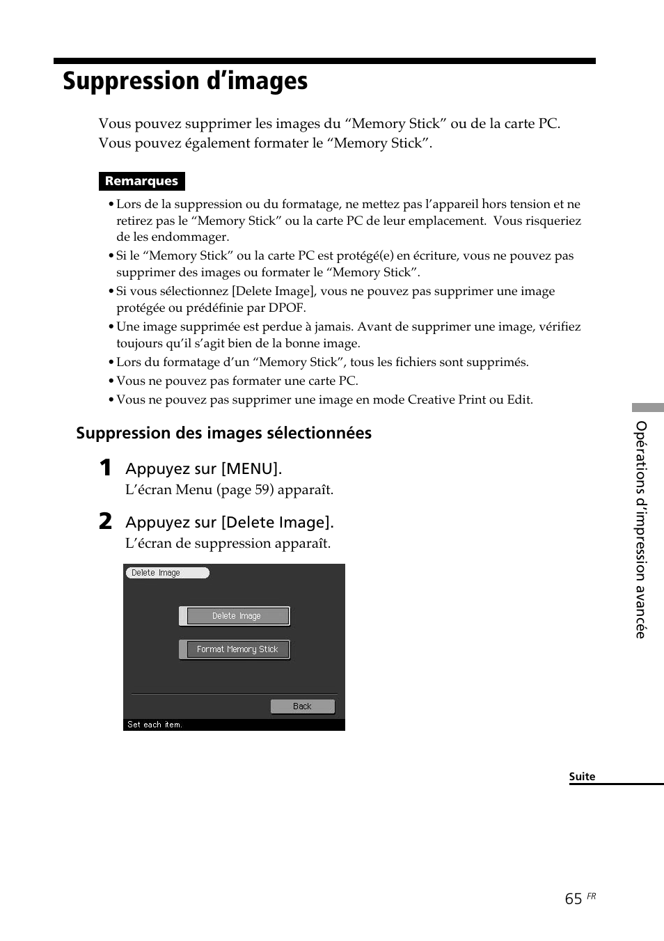 Suppression d’images | Sony DPP--SV77 User Manual | Page 159 / 283