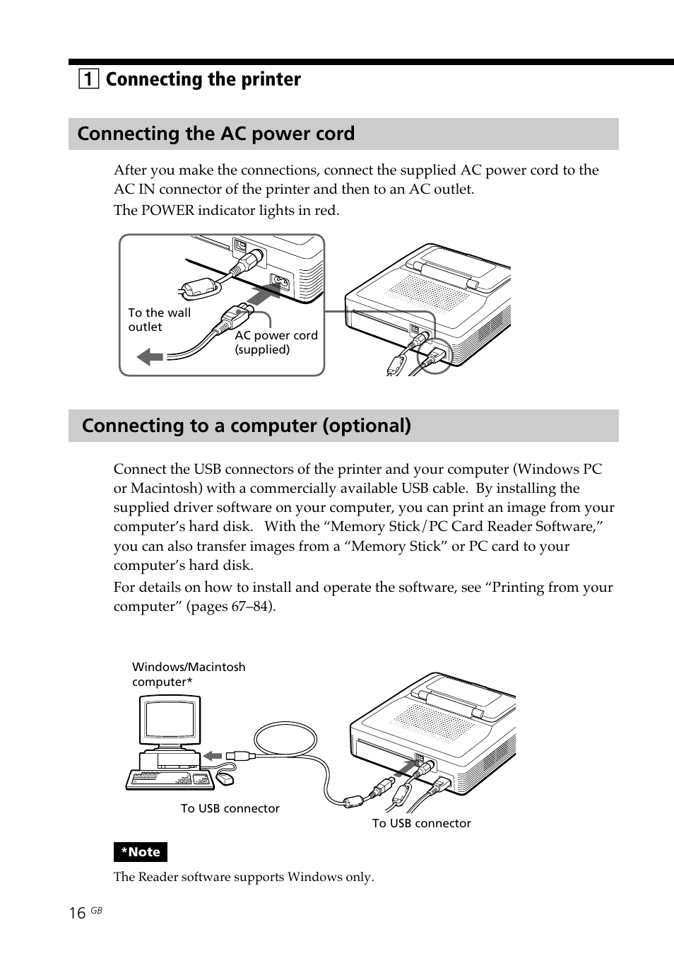 Connecting the ac power cord, Connecting to a computer (optional), Ac power cord | Computer, Usb connector, 1connecting the printer | Sony DPP--SV77 User Manual | Page 16 / 283