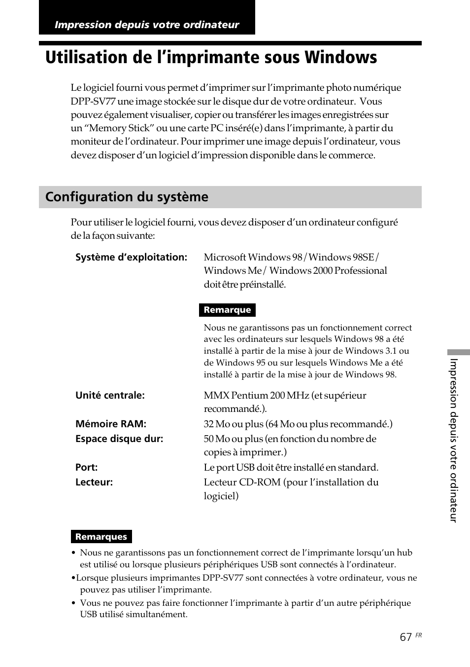 Impression depuis votre ordinateur, Utilisation de l’imprimante sous windows, Configuration du système | Impression depuis votre, Ordinateur | Sony DPP--SV77 User Manual | Page 161 / 283