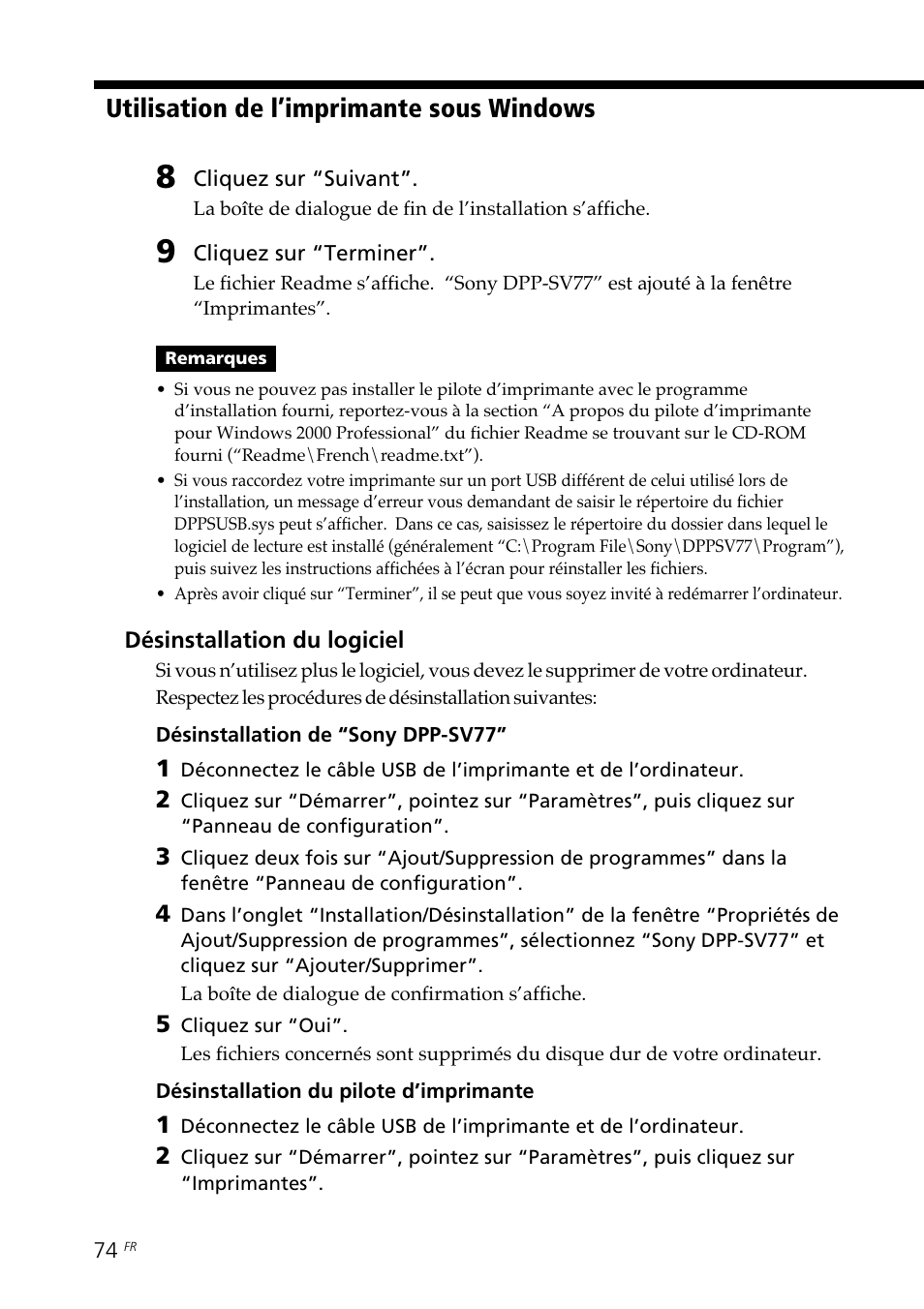 Utilisation de l’imprimante sous windows | Sony DPP--SV77 User Manual | Page 168 / 283