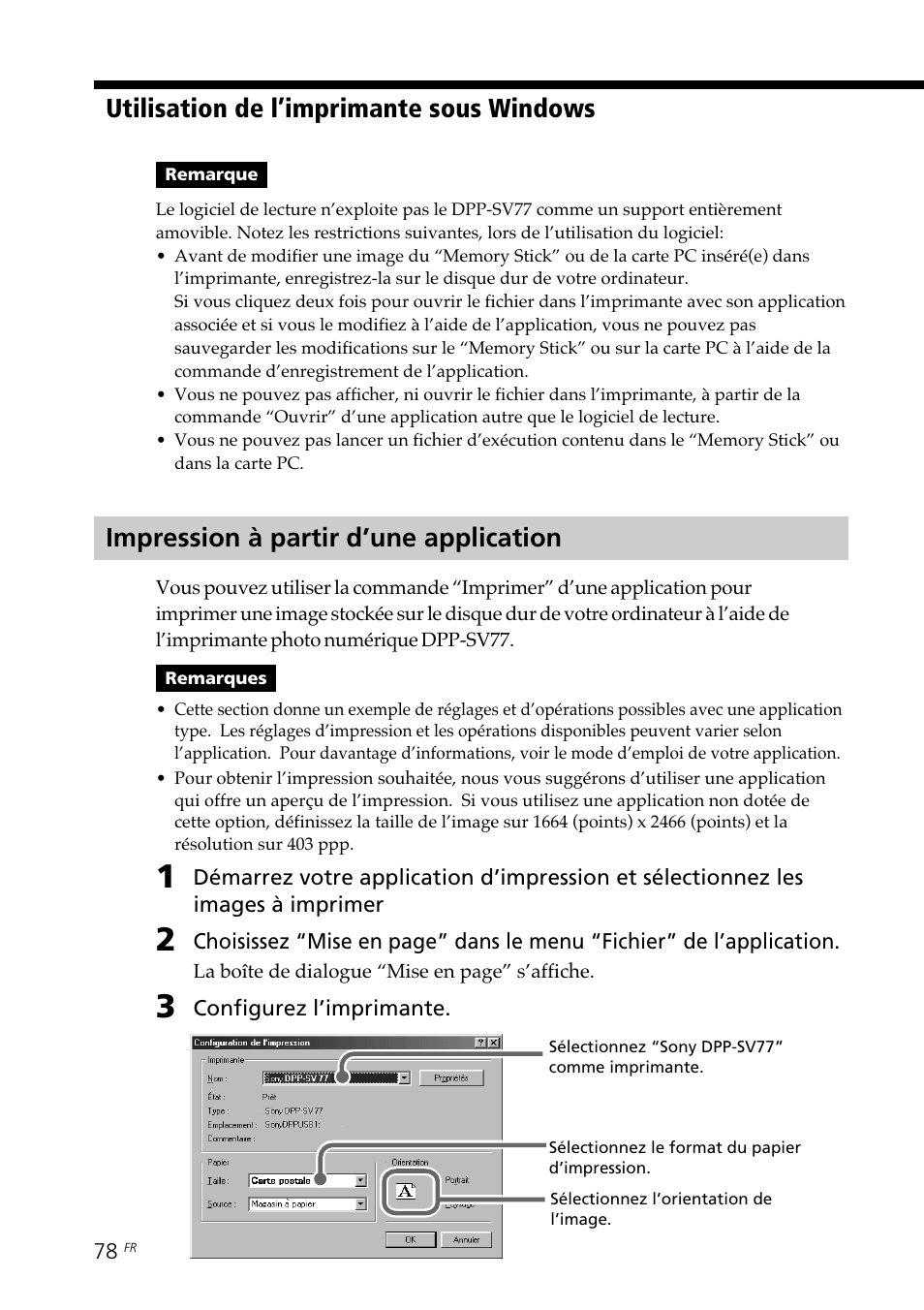 Impression à partir d’une application, Utilisation de l’imprimante sous windows | Sony DPP--SV77 User Manual | Page 172 / 283