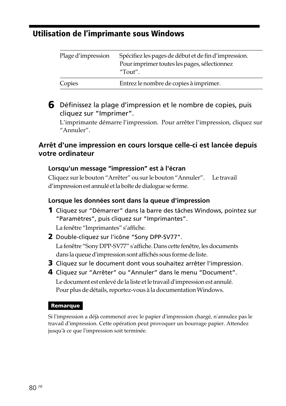 Utilisation de l’imprimante sous windows | Sony DPP--SV77 User Manual | Page 174 / 283
