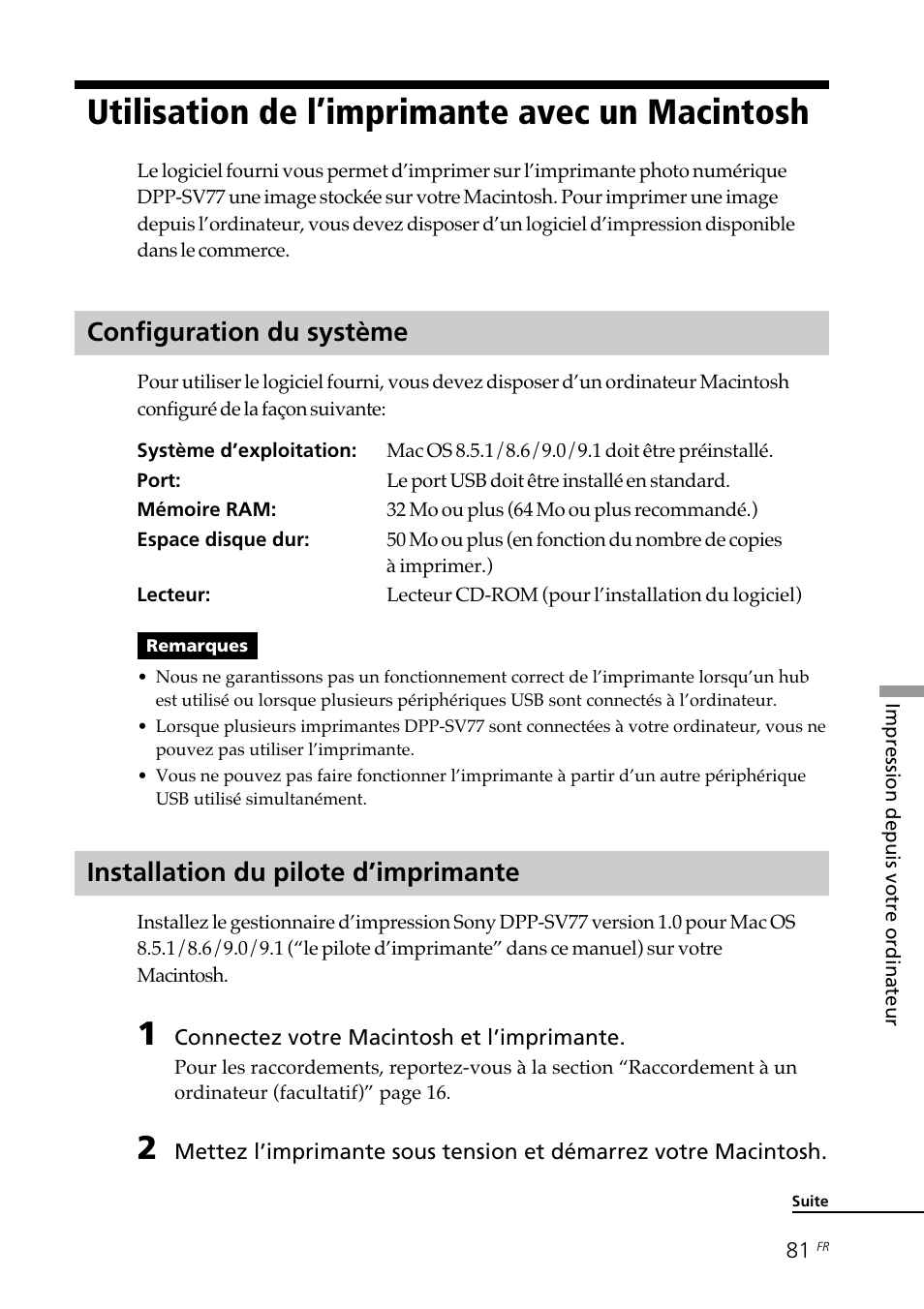 Utilisation de l’imprimante avec un macintosh, Configuration du système, Installation du pilote d’imprimante | Sony DPP--SV77 User Manual | Page 175 / 283