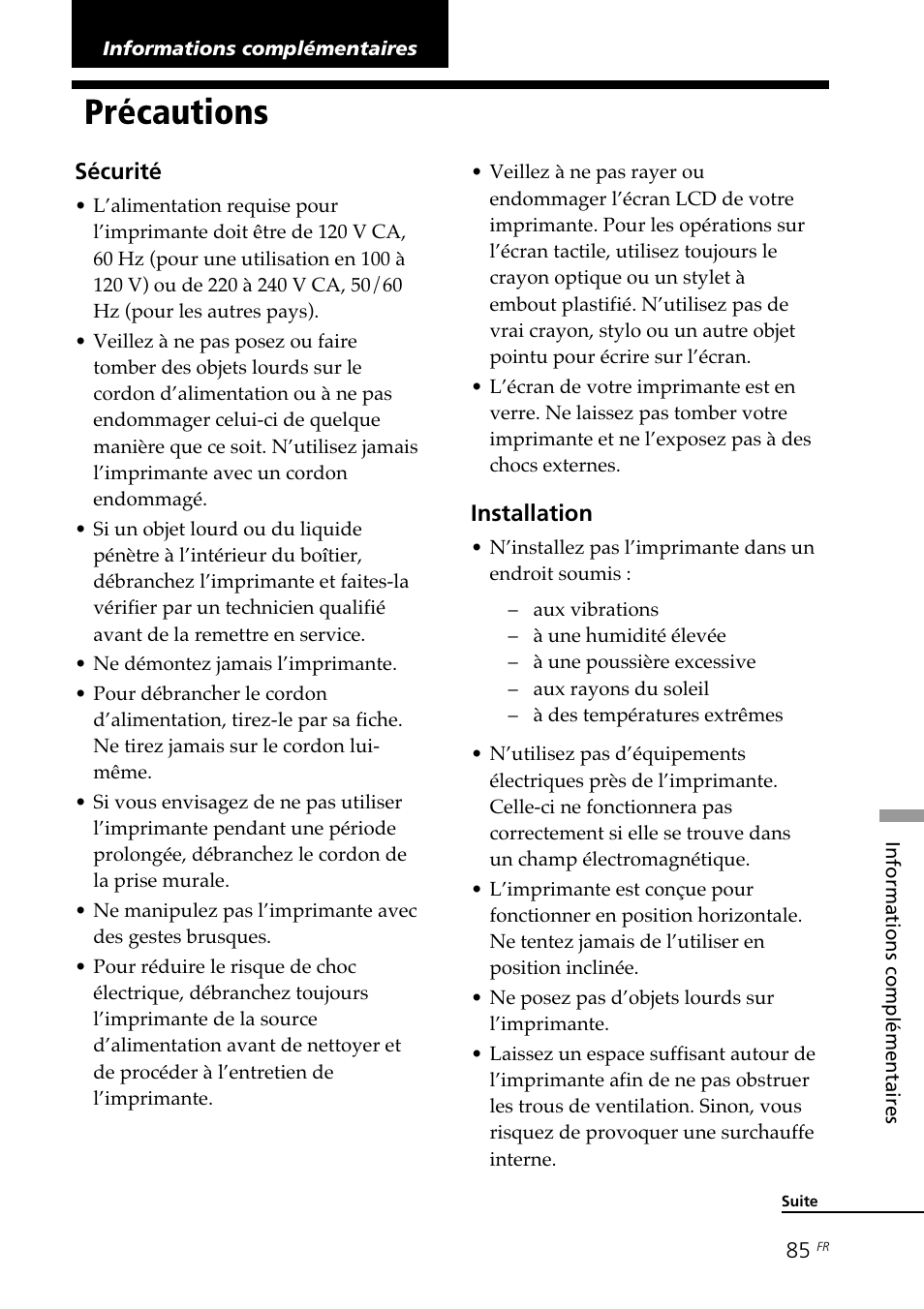 Informations complémentaires, Précautions | Sony DPP--SV77 User Manual | Page 179 / 283